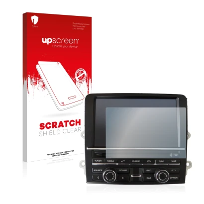 Face avant d’un emballage produit avec le logo de la marque upscreen. À côté, l’appareil Porsche Carrera 991 2012 PCM 3.1 est