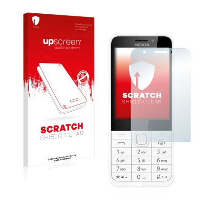 Face avant d’un emballage produit avec le logo de la marque upscreen. À côté, l’appareil Nokia 230 est représenté avec la prot