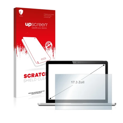 Face avant d’un emballage produit avec le logo de la marque upscreen. À côté, l’appareil est représenté avec la protection d’é