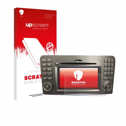 Face avant d’un emballage produit avec le logo de la marque upscreen. À côté, l’appareil Mercedes-Benz Comand APS 2.5 est repr