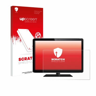 Face avant d’un emballage produit avec le logo de la marque upscreen. À côté, l’appareil est représenté avec la protection d’é