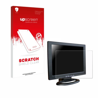 Face avant d’un emballage produit avec le logo de la marque upscreen. À côté, l’appareil SDC Touchscreen TFT (15") est représe