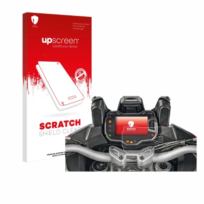 Face avant d’un emballage produit avec le logo de la marque upscreen. À côté, l’appareil Ducati Multistrada 1200 2015+ Afficha