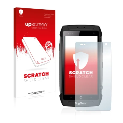 Face avant d’un emballage produit avec le logo de la marque upscreen. À côté, l’appareil RugGear RG730 est représenté avec la