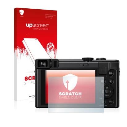 Face avant d’un emballage produit avec le logo de la marque upscreen. À côté, l’appareil Panasonic Lumix DMC-TZ81 est représen