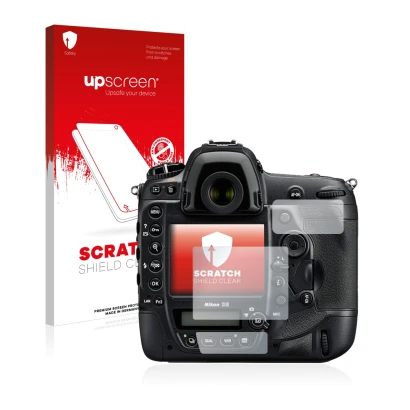 Face avant d’un emballage produit avec le logo de la marque upscreen. À côté, l’appareil Nikon D5 est représenté avec la prote