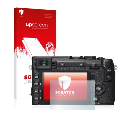 Face avant d’un emballage produit avec le logo de la marque upscreen. À côté, l’appareil Fujifilm X-E2S est représenté avec la