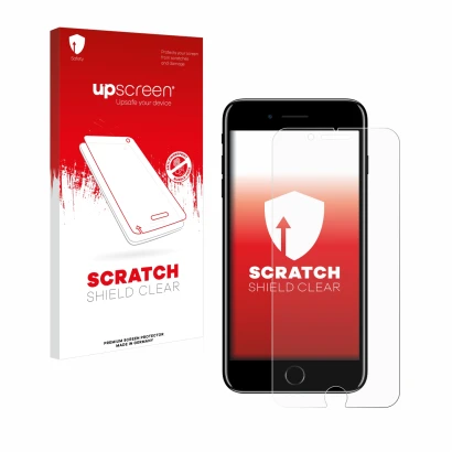 Face avant d’un emballage produit avec le logo de la marque upscreen. À côté, l’appareil Apple iPhone 7 Plus est représenté av