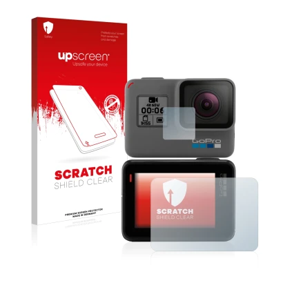 Face avant d’un emballage produit avec le logo de la marque upscreen. À côté, l’appareil GoPro Hero 5 Black est représenté ave