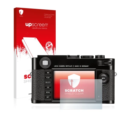Face avant d’un emballage produit avec le logo de la marque upscreen. À côté, l’appareil Leica M (Typ 262) est représenté avec