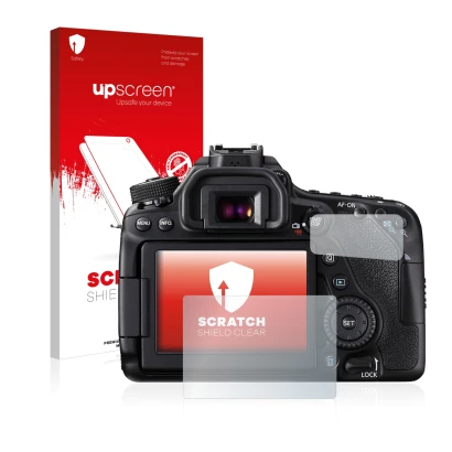 Face avant d’un emballage produit avec le logo de la marque upscreen. À côté, l’appareil Canon EOS 80D est représenté avec la