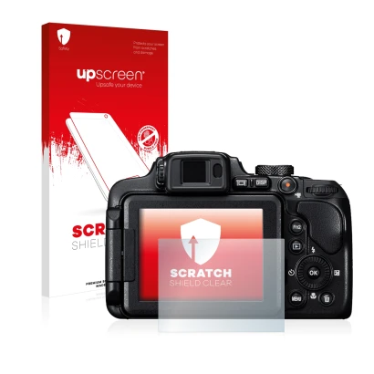 Face avant d’un emballage produit avec le logo de la marque upscreen. À côté, l’appareil Nikon Coolpix B700 est représenté ave