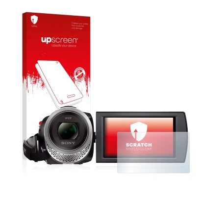 Face avant d’un emballage produit avec le logo de la marque upscreen. À côté, l’appareil Sony FDR-AX53 est représenté avec la 