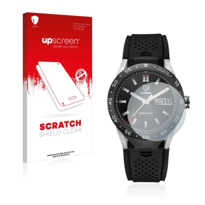 Face avant d’un emballage produit avec le logo de la marque upscreen. À côté, l’appareil TAG Heuer Connected 46 est représenté