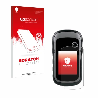 Face avant d’un emballage produit avec le logo de la marque upscreen. À côté, l’appareil Garmin eTrex 30x est représenté avec 