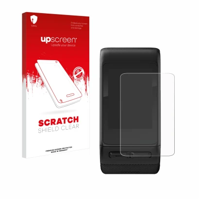 Face avant d’un emballage produit avec le logo de la marque upscreen. À côté, l’appareil Garmin vivoactive HR est représenté a