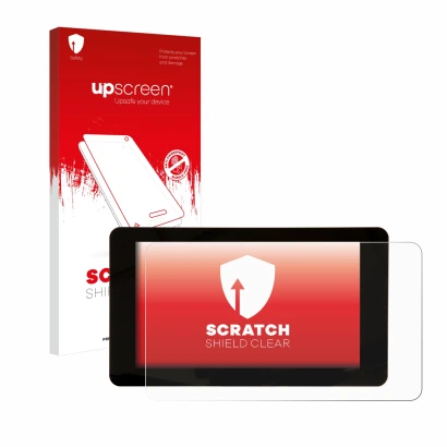 Face avant d’un emballage produit avec le logo de la marque upscreen. À côté, l’appareil Raspberry Pi Touchscreen 7" est repré