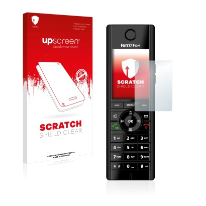 Face avant d’un emballage produit avec le logo de la marque upscreen. À côté, l’appareil AVM Fritz!Fon C5 est représenté avec