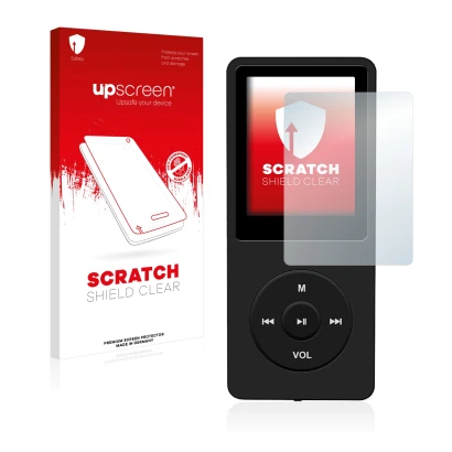 Face avant d’un emballage produit avec le logo de la marque upscreen. À côté, l’appareil AGPtek 8GB MP3-Player est représenté