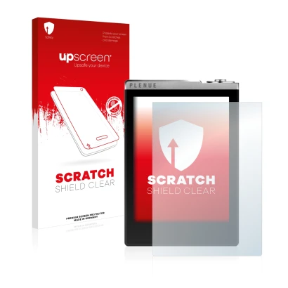 Face avant d’un emballage produit avec le logo de la marque upscreen. À côté, l’appareil Cowon Plenue D est représenté avec la