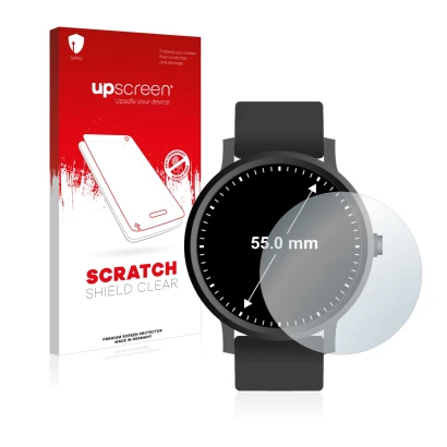 Face avant d’un emballage produit avec le logo de la marque upscreen. À côté, l’appareil Montres (Circulaire, ø: 55 mm) est re