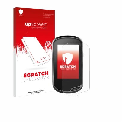 Face avant d’un emballage produit avec le logo de la marque upscreen. À côté, l’appareil Garmin Oregon 700 est représenté avec