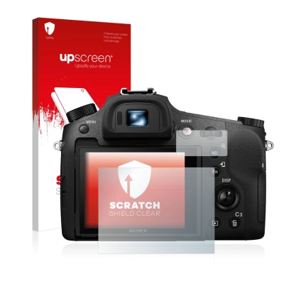 Face avant d’un emballage produit avec le logo de la marque upscreen. À côté, l’appareil Sony Cyber-Shot DSC-RX10 III est repr