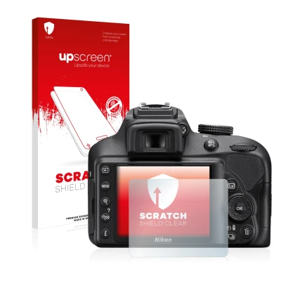Face avant d’un emballage produit avec le logo de la marque upscreen. À côté, l’appareil Nikon D3400 est représenté avec la pr