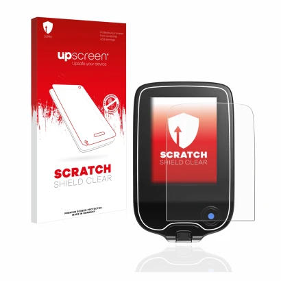 Face avant d’un emballage produit avec le logo de la marque upscreen. À côté, l’appareil Freestyle Libre 1 est représenté avec