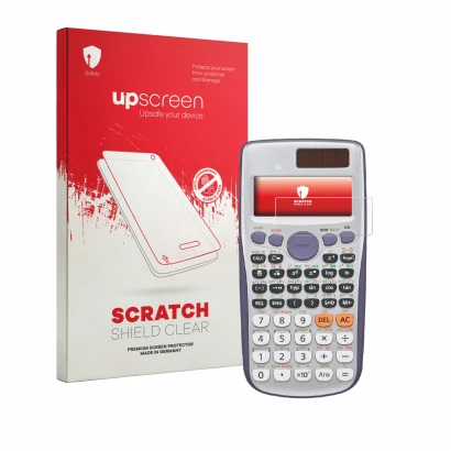 Face avant d’un emballage produit avec le logo de la marque upscreen. À côté, l’appareil Casio FX-991DE Plus est représenté av