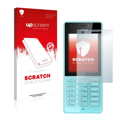 Face avant d’un emballage produit avec le logo de la marque upscreen. À côté, l’appareil Nokia 216 est représenté avec la prot