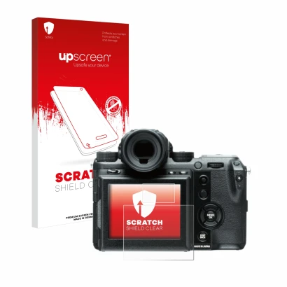 Face avant d’un emballage produit avec le logo de la marque upscreen. À côté, l’appareil Fujifilm GFX50S est représenté avec l