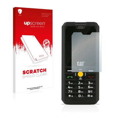Face avant d’un emballage produit avec le logo de la marque upscreen. À côté, l’appareil Caterpillar Cat B30 est représenté av