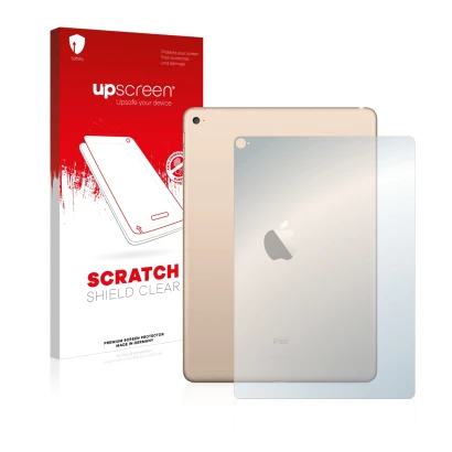 Face avant d’un emballage produit avec le logo de la marque upscreen. À côté, l’appareil Apple iPad Air 2 2014 (Arrière) est r