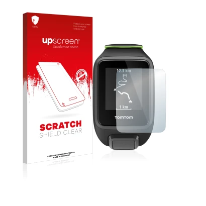 Face avant d’un emballage produit avec le logo de la marque upscreen. À côté, l’appareil TomTom Runner 3 est représenté avec l