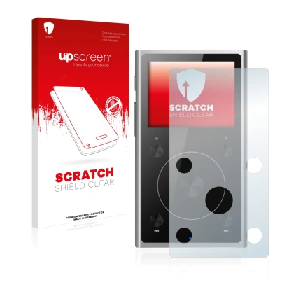 Face avant d’un emballage produit avec le logo de la marque upscreen. À côté, l’appareil FiiO X1 II est représenté avec la pro