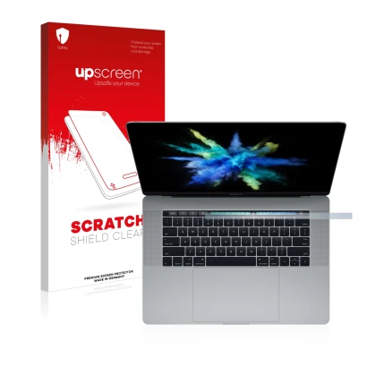 Face avant d’un emballage produit avec le logo de la marque upscreen. À côté, l’appareil Apple MacBook Pro 15" 2017 (Touch Bar