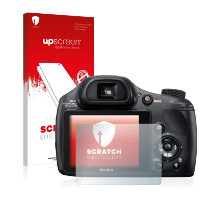 Face avant d’un emballage produit avec le logo de la marque upscreen. À côté, l’appareil Sony Cyber-Shot DSC-HX350 est représe