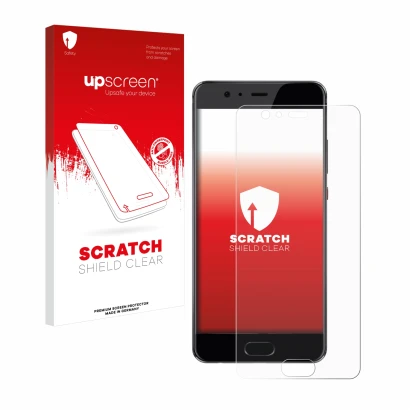 Face avant d’un emballage produit avec le logo de la marque upscreen. À côté, l’appareil Huawei P10 Plus est représenté avec l