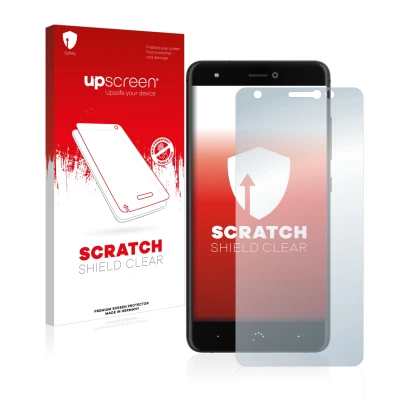 Face avant d’un emballage produit avec le logo de la marque upscreen. À côté, l’appareil BQ Aquaris X est représenté avec la p