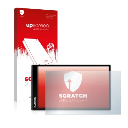 Face avant d’un emballage produit avec le logo de la marque upscreen. À côté, l’appareil Garmin Camper 770 LMT-D est représent