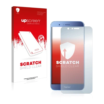 Face avant d’un emballage produit avec le logo de la marque upscreen. À côté, l’appareil Honor 8 Pro est représenté avec la pr