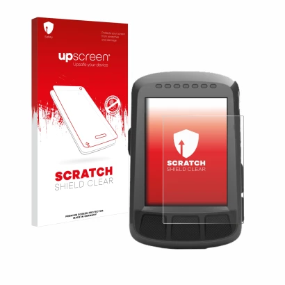 Face avant d’un emballage produit avec le logo de la marque upscreen. À côté, l’appareil Wahoo Elemnt Bolt GPS est représenté