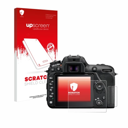Face avant d’un emballage produit avec le logo de la marque upscreen. À côté, l’appareil Nikon D7500 est représenté avec la pr