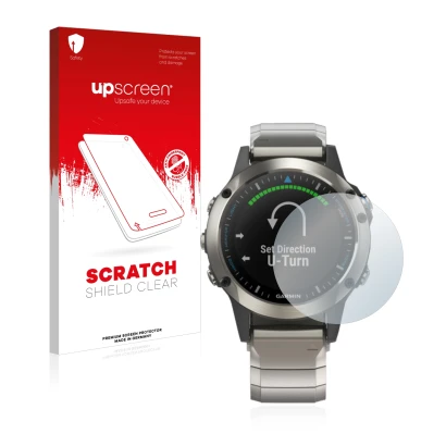 Face avant d’un emballage produit avec le logo de la marque upscreen. À côté, l’appareil Garmin quatix 5 est représenté avec l