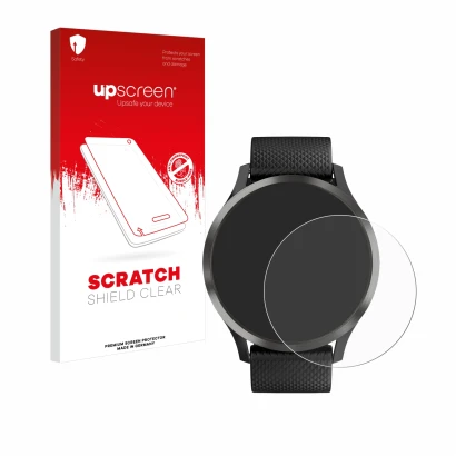 Face avant d’un emballage produit avec le logo de la marque upscreen. À côté, l’appareil Garmin vivomove HR est représenté ave