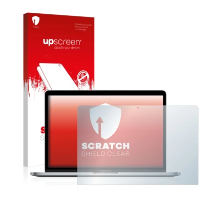 Face avant d’un emballage produit avec le logo de la marque upscreen. À côté, l’appareil Apple MacBook Pro 13" 2017 est représ