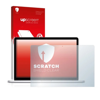 Face avant d’un emballage produit avec le logo de la marque upscreen. À côté, l’appareil Apple MacBook Pro 15" 2017 est représ