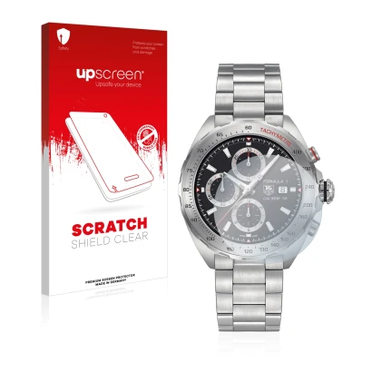 Face avant d’un emballage produit avec le logo de la marque upscreen. À côté, l’appareil TAG Heuer Formula 1 (44 mm) est repré