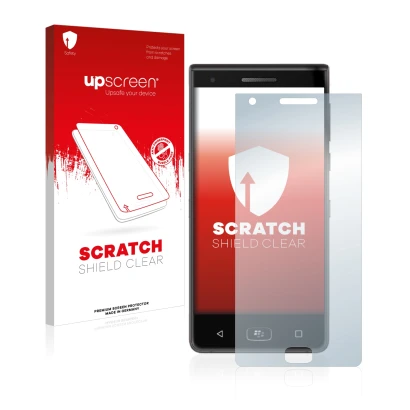 Face avant d’un emballage produit avec le logo de la marque upscreen. À côté, l’appareil BlackBerry Motion 2017 est représenté